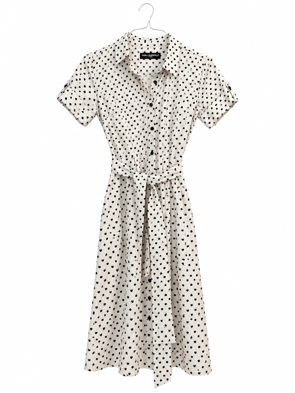 Karl Lagerfeld Cream Shirt Dress with Black Heart Print and Tie Waist